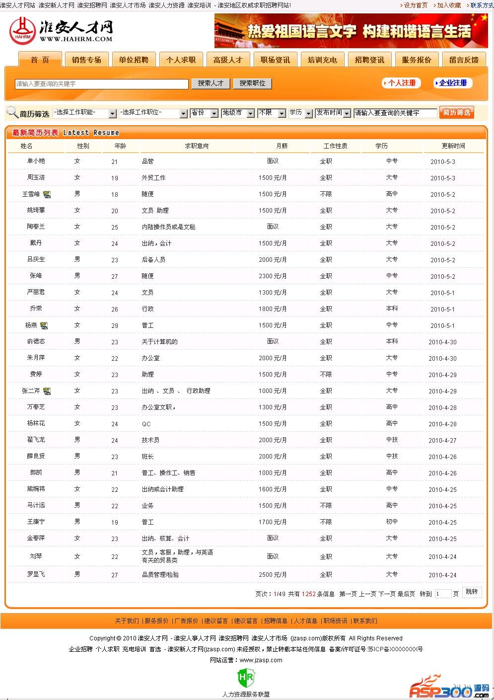 Huaian 인재 네트워크 전체 사이트 시스템