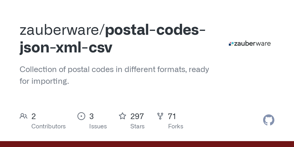 postal codes json xml csv