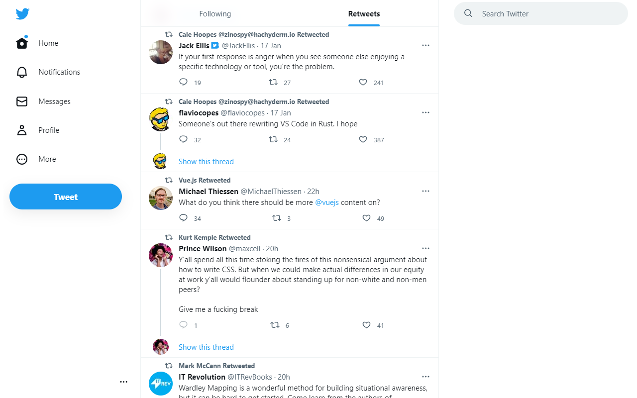 Cuplikan layar Panel Kontrol garis waktu terpisah untuk Twitter yang ditambahkan ke Twitter desktop, dikonfigurasikan untuk memisahkan Retweet dari garis waktu beranda lainnya