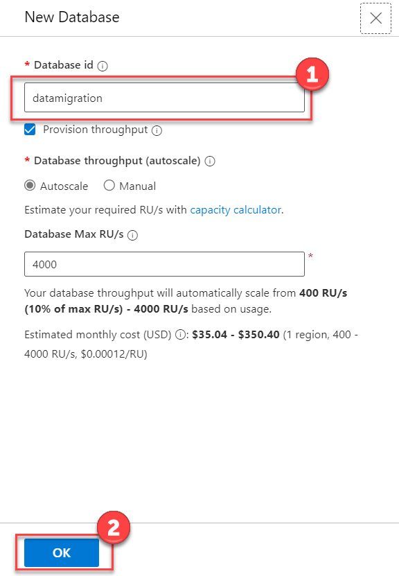 The New Database blade displays with datamigration entered in the Database id field and the OK button is highlighted.