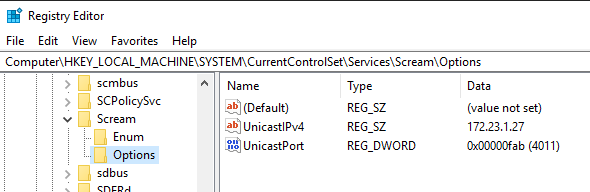 登錄項目位於 ComputerHKEY_LOCAL_MACHINESYSTEMCurrentControlSetServicesScreamOptions 下，對於 REG_SZ 格式的 IP 稱為 UnicastIPv4，對於 REG_DWORD 格式的連接埠稱為 UnicastPort。