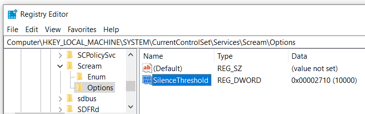 登錄項目位置與上方相同，ComputerHKEY_LOCAL_MACHINESYSTEMCurrentControlSetServicesScreamOptions，設定為 SilenceThreshold，它是一個保存樣本編號的 REG_DWORD，例如 10000。