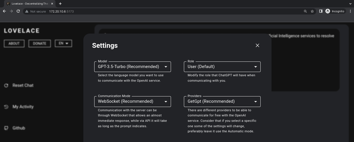 Menu de configurações de Lovelace