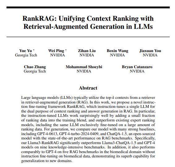 Llama 3 surpasse GPT-4 ! NVIDIA lance un nouveau framework RankRAG affiné