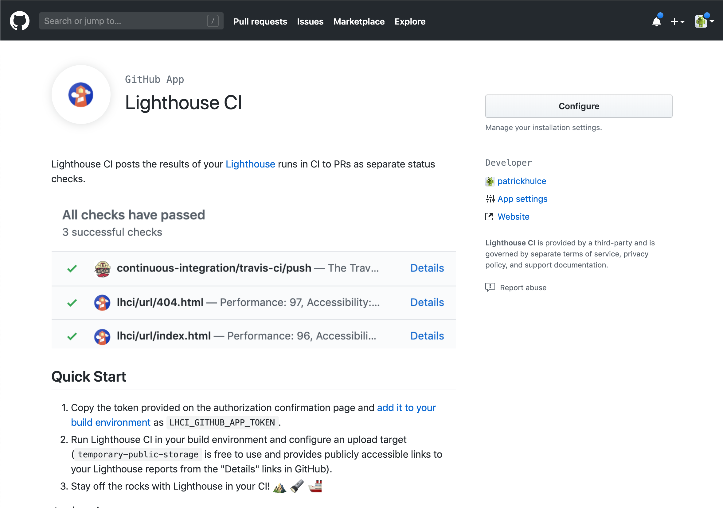 Lighthouse CI github アプリ UI のスクリーンショット