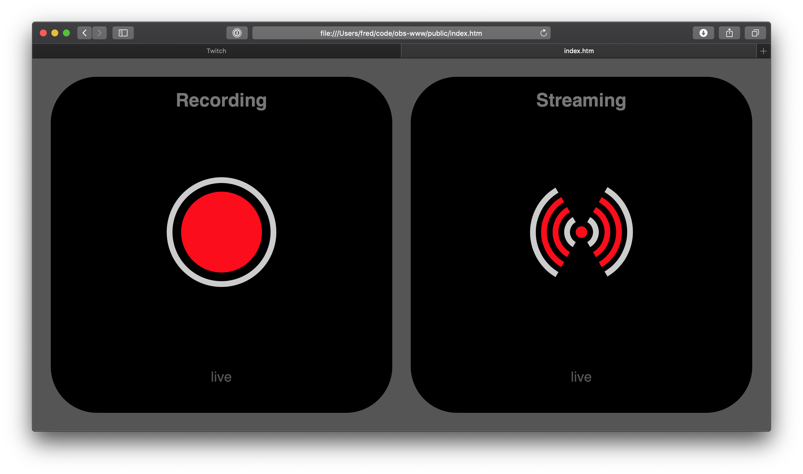 OBS dengan streaming dan perekaman aktif