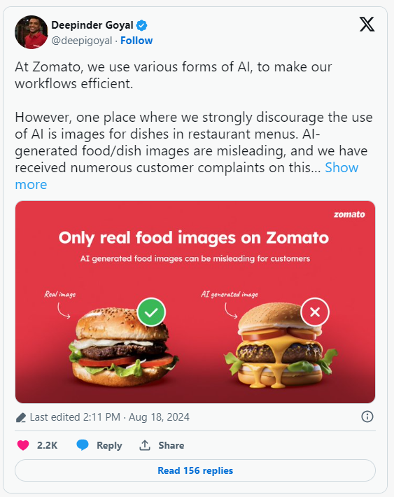 Platform pesan-antar makanan India Zomato secara eksplisit melarang penggunaan AI untuk menghasilkan gambar makanan