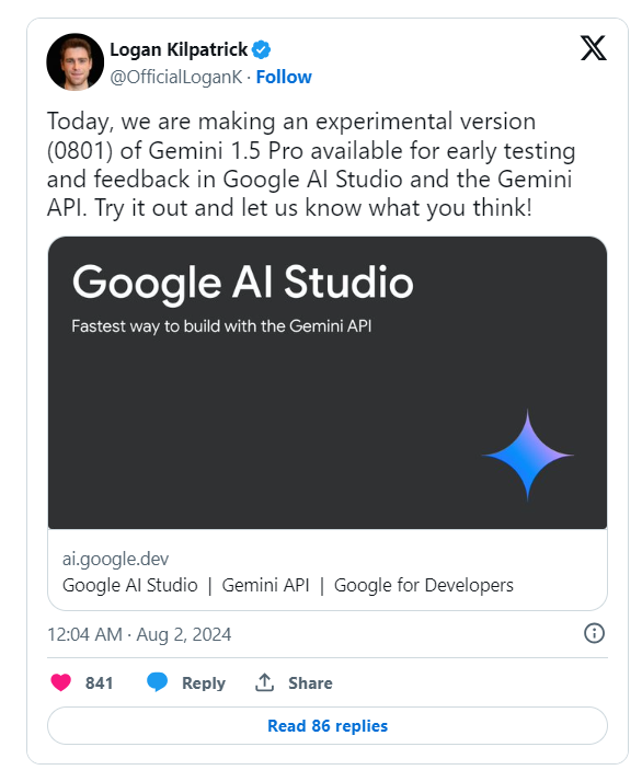 Google meluncurkan versi eksperimental model super multi-modal Gemini 1.5 Pro, mengungguli GPT-4o dan Claude-3.5 Sonnet