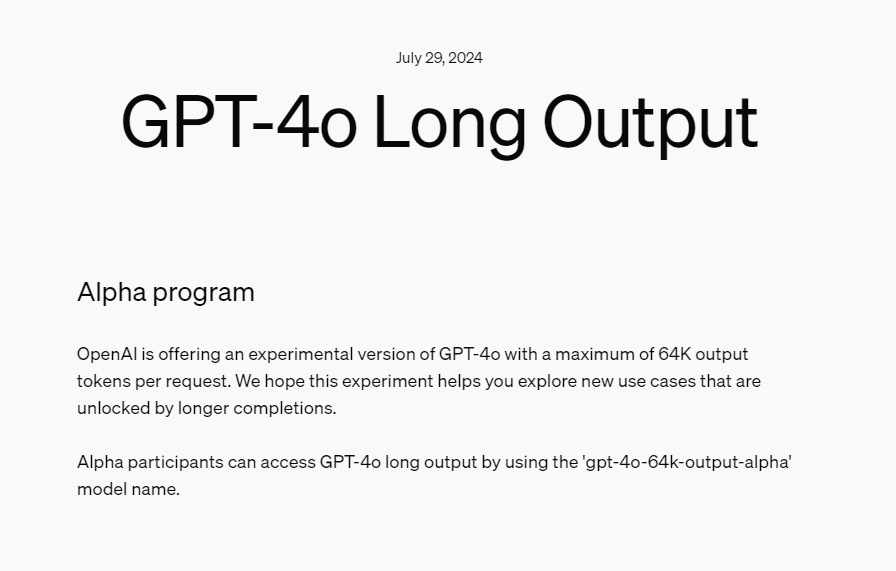 OpenAI membuka model baru gpt-4o-64k-output-alpha, API GPT-4o dapat mendukung hingga 64K output