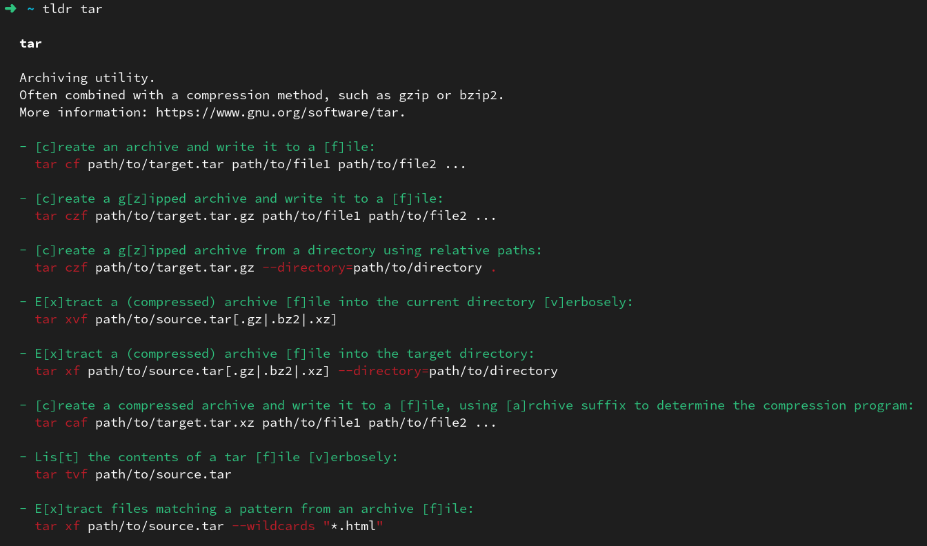 สกรีนช็อตของไคลเอ็นต์ tldr ที่แสดงคำสั่ง tar