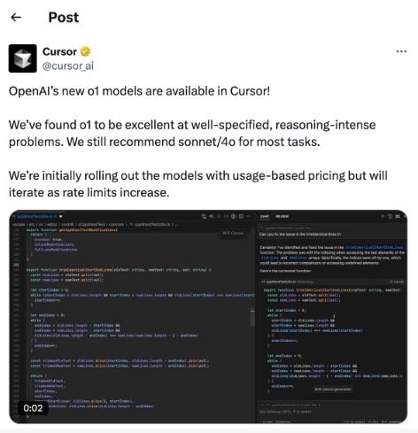 Das neue o1-Modell von OpenAI wird auf Cursor eingeführt, Entwickler jubeln!