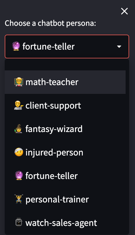 ภาพหน้าจอแสดงบุคลิกที่มีอยู่ในเดโม Streamlit โดยเลือกบุคลิก Fortune Teller เป็นค่าเริ่มต้น