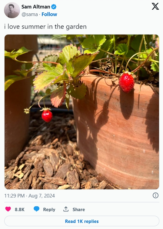 Ultraman veröffentlichte ein Bild einer Erdbeere und löste damit Spekulationen aus, dass OpenAI ein neues Modell „Strawberry“ veröffentlichen wird.