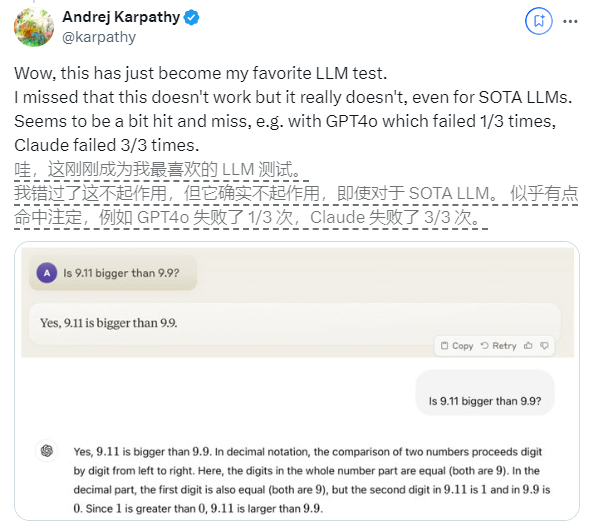 Pourquoi le LLM perd-il toujours la tête en mathématiques ? Le gourou de l'IA Karpathy explique 9.9<9.11