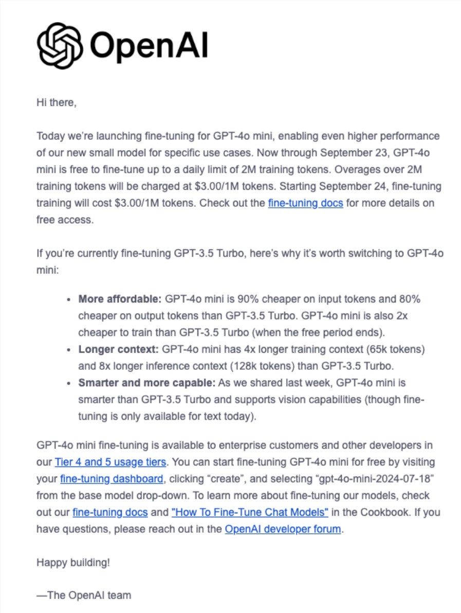 OpenAI führt die Mini-Feinabstimmungsfunktion GPT-4o mit 2 Millionen kostenlosen Trainingstokens pro Tag ein