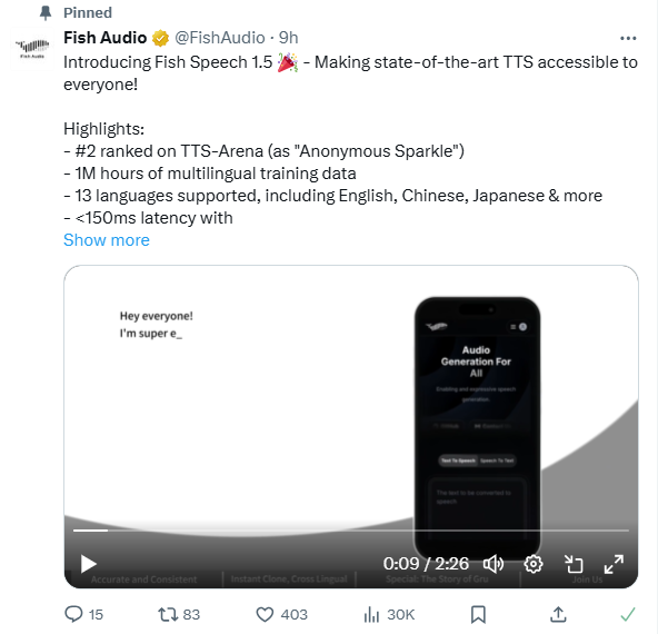 Öffne deinen Mund und knie nieder! Fish Audio veröffentlicht Fish Speech 1.5, fügt fünf neue Sprachen hinzu und wird außerdem eine nahtlose Echtzeit-Konversationsfunktion einführen