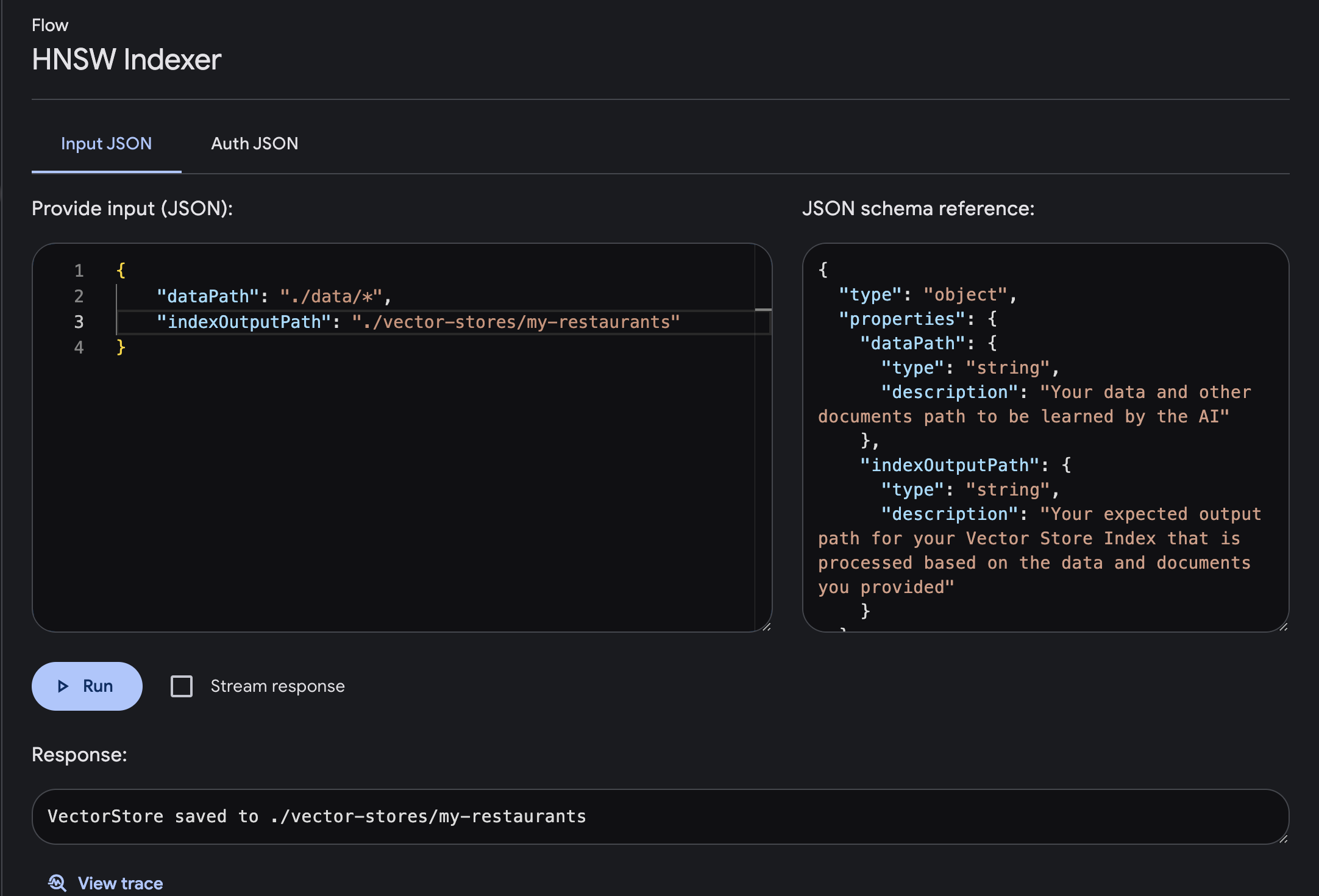 โฟลว์ตัวสร้างดัชนี Genkit UI HNSW