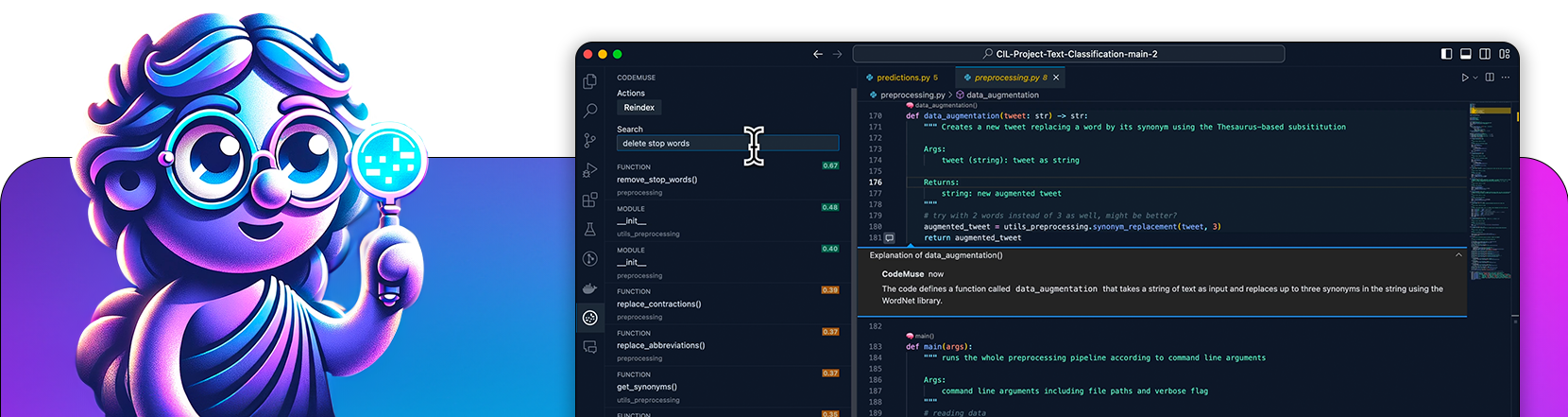 Spanduk CodeMuse. Tangkapan layar ekstensi CodeMuse beserta ikon CodeMuse.