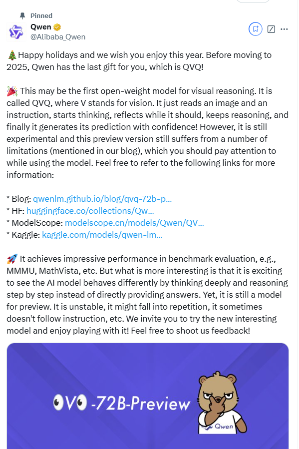 Alibaba veröffentlicht das multimodale Inferenzmodell QVQ-72B! Sowohl die visuellen als auch die sprachlichen Fähigkeiten werden verbessert, komplexe Probleme können einfacher gelöst werden