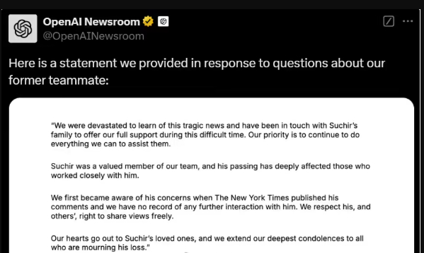 Die Reaktion von OpenAI auf den Tod des Whistleblowers wurde in Frage gestellt: Der Schwerpunkt der Stellungnahme lag auf der Distanzierung von der Beziehung