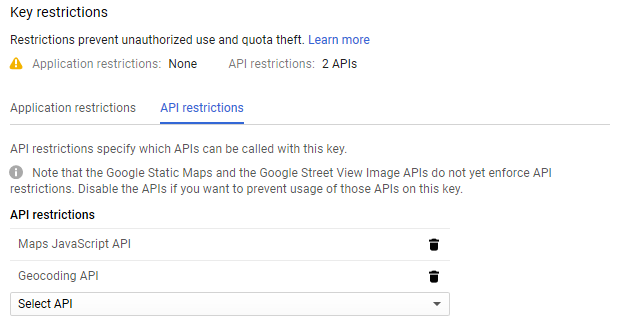 Снимок экрана с ограничениями ключей Google Maps API