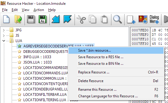 Скриншот Resource Hacker с меню сохранения