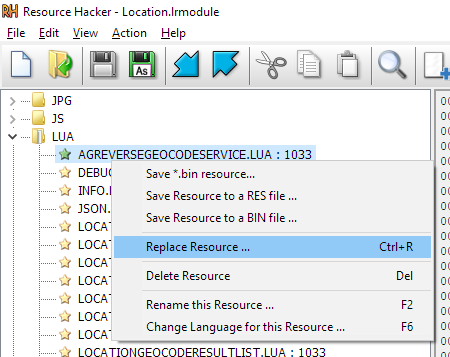 Скриншот Resource Hacker с меню замены