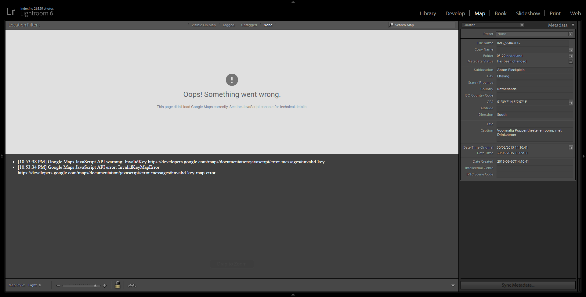 Сообщения об ошибках JavaScript, отображаемые под окном карты в Lightroom 6