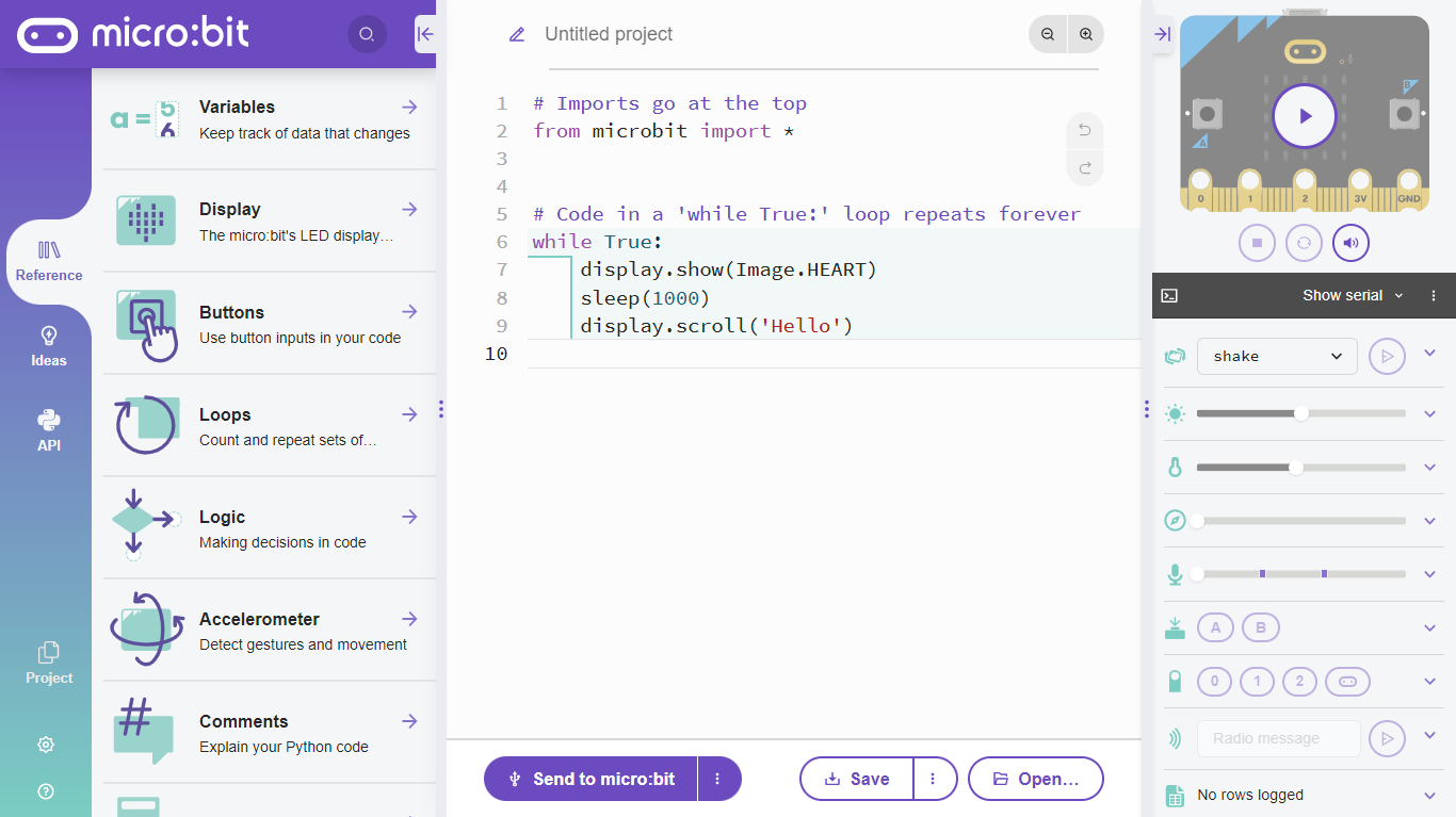 สกรีนช็อตของโปรแกรมแก้ไข Python ที่แสดงพื้นที่แก้ไขโค้ด เอกสารอ้างอิง และโปรแกรมจำลอง micro:bit