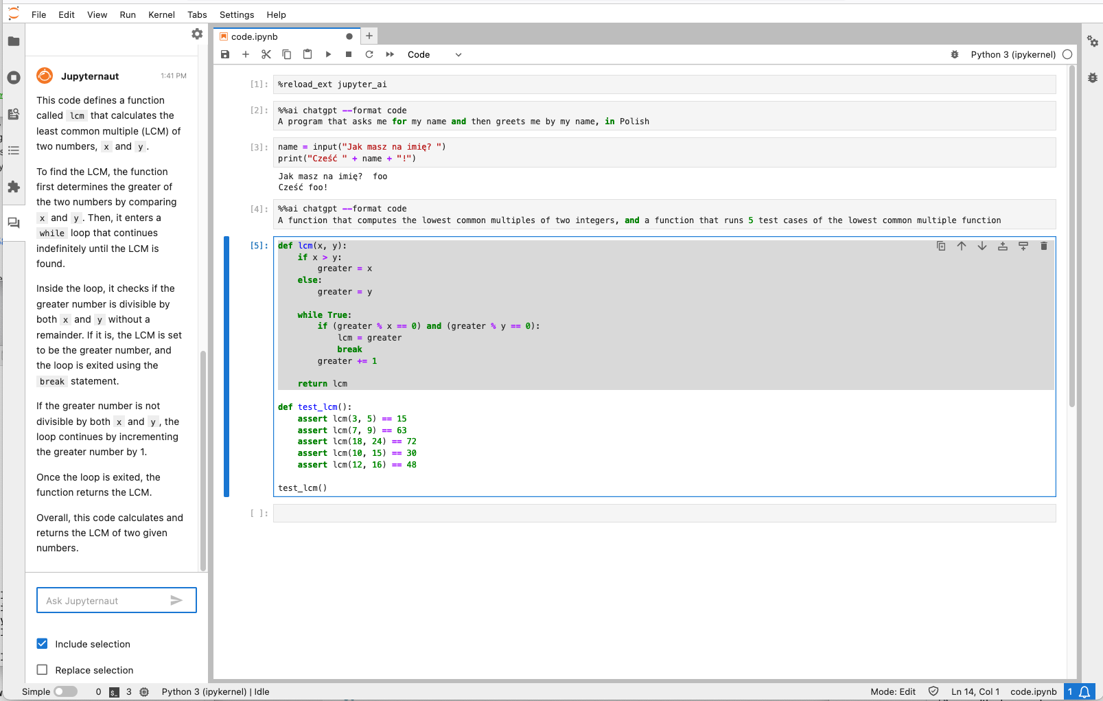 チャット インターフェイスとマジック コマンドを示す Jupyter AI のスクリーンショット