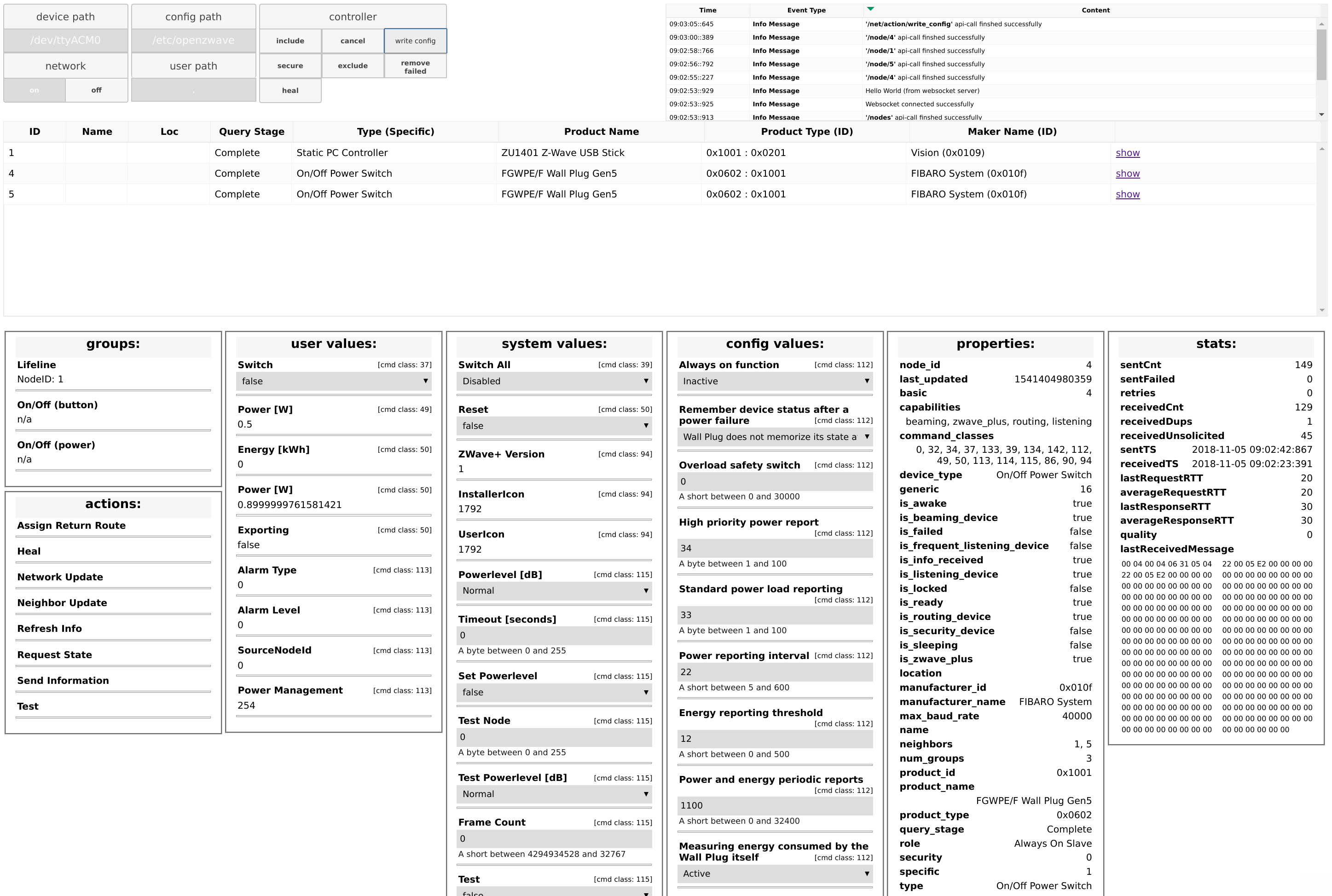 Vollständige Knotenansicht, alle möglichen Details auf einem Bildschirm, direkt bearbeitbar, sofortiges Feedback, Websocket-gesteuertes Ereignisprotokoll in der oberen rechten Ecke