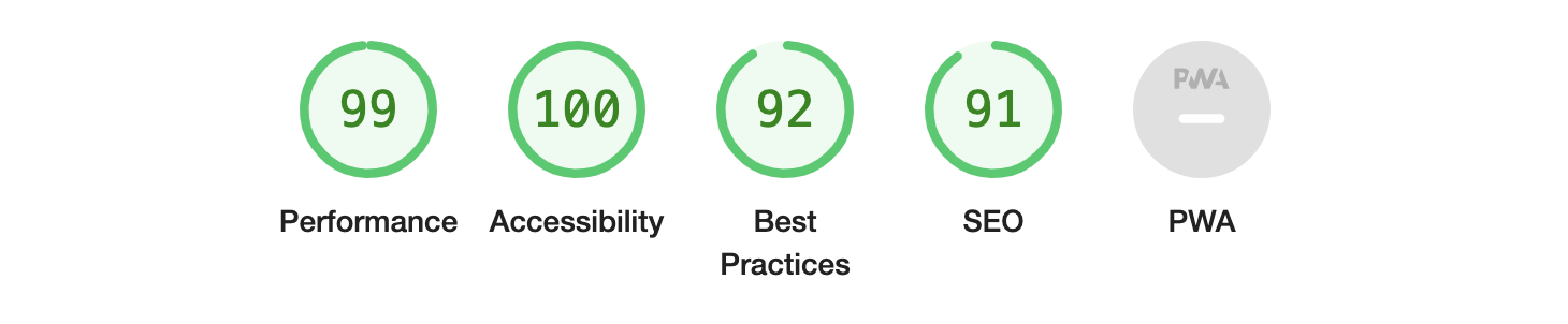 パフォーマンス 99、アクセシビリティ 100、ベスト プラクティス 92、SEO 91、PWA N/A