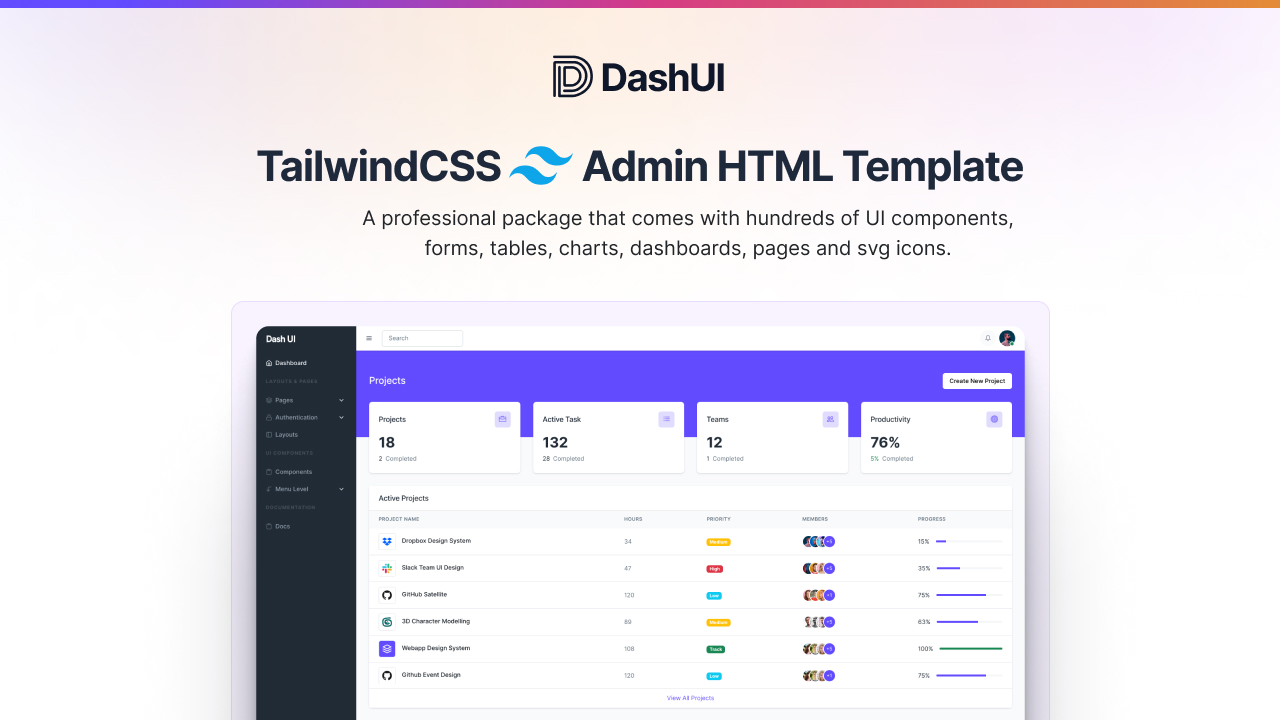 Dash UI – TailwindCSS HTML Admin-Vorlage kostenlos