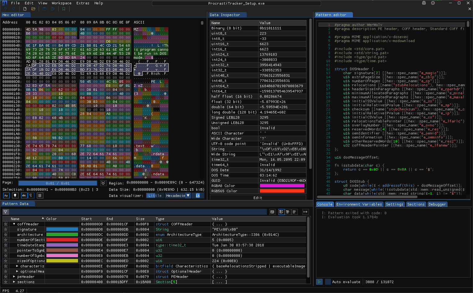 Hex editor, patterns and data information