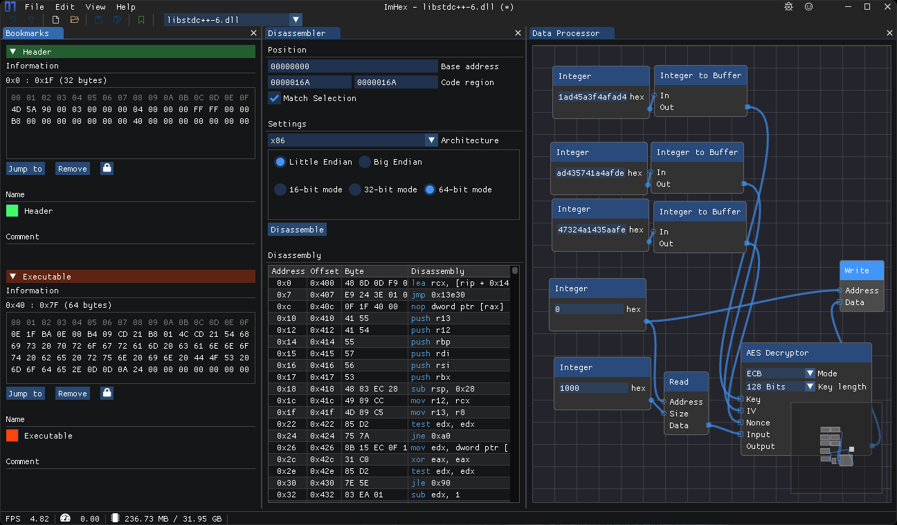 Bookmarks, disassembler and data processor