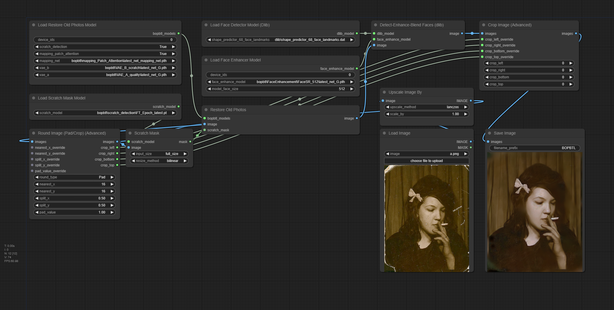 Screenshot of full node workflow for Bringing Old Photos Back to Life in ComfyUI, using ComfyUI Image Round nodes