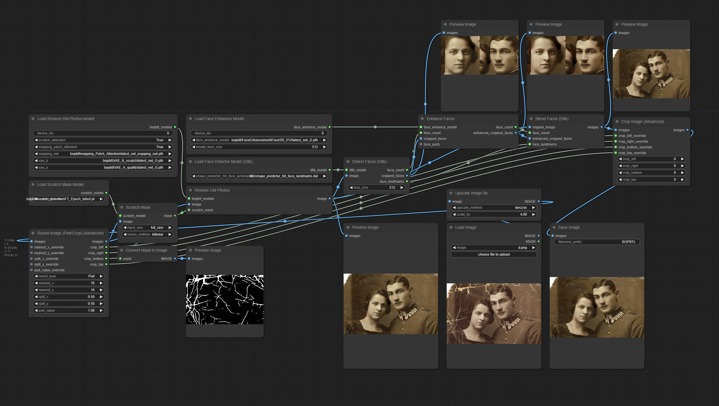 Screenshot of full node x4 workflow with advanced face enhancement for Bringing Old Photos Back to Life in ComfyUI, using ComfyUI Image Round nodes