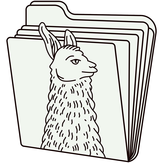 [การวาดเส้นของหัวสัตว์ Llama ที่ด้านหน้าของโฟลเดอร์ Manilla เปิดเล็กน้อยที่เต็มไปด้วยไฟล์]