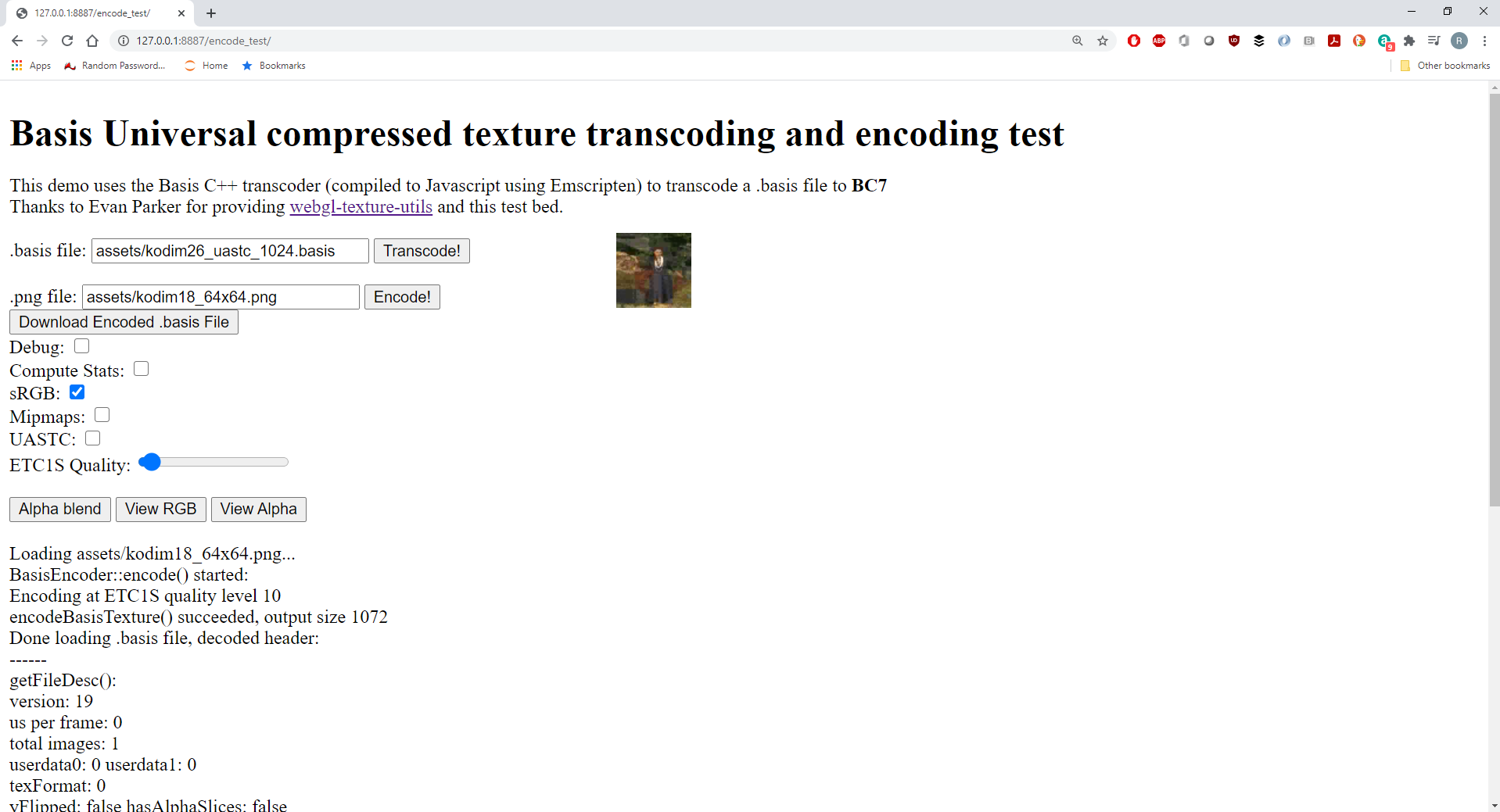 Tangkapan layar dari contoh 'encode_test' berjalan di browser.