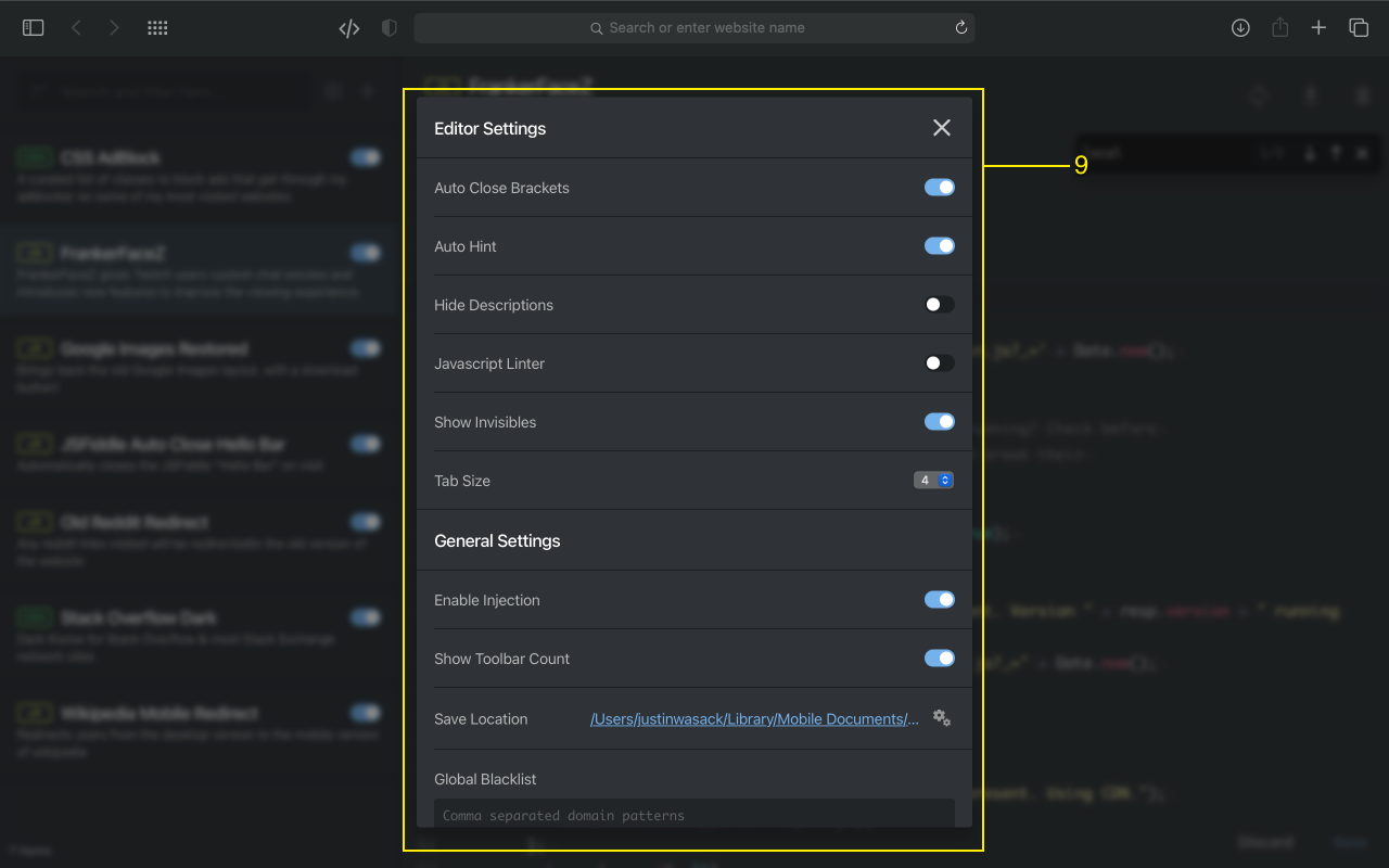 userscripts safari設定ウィンドウ