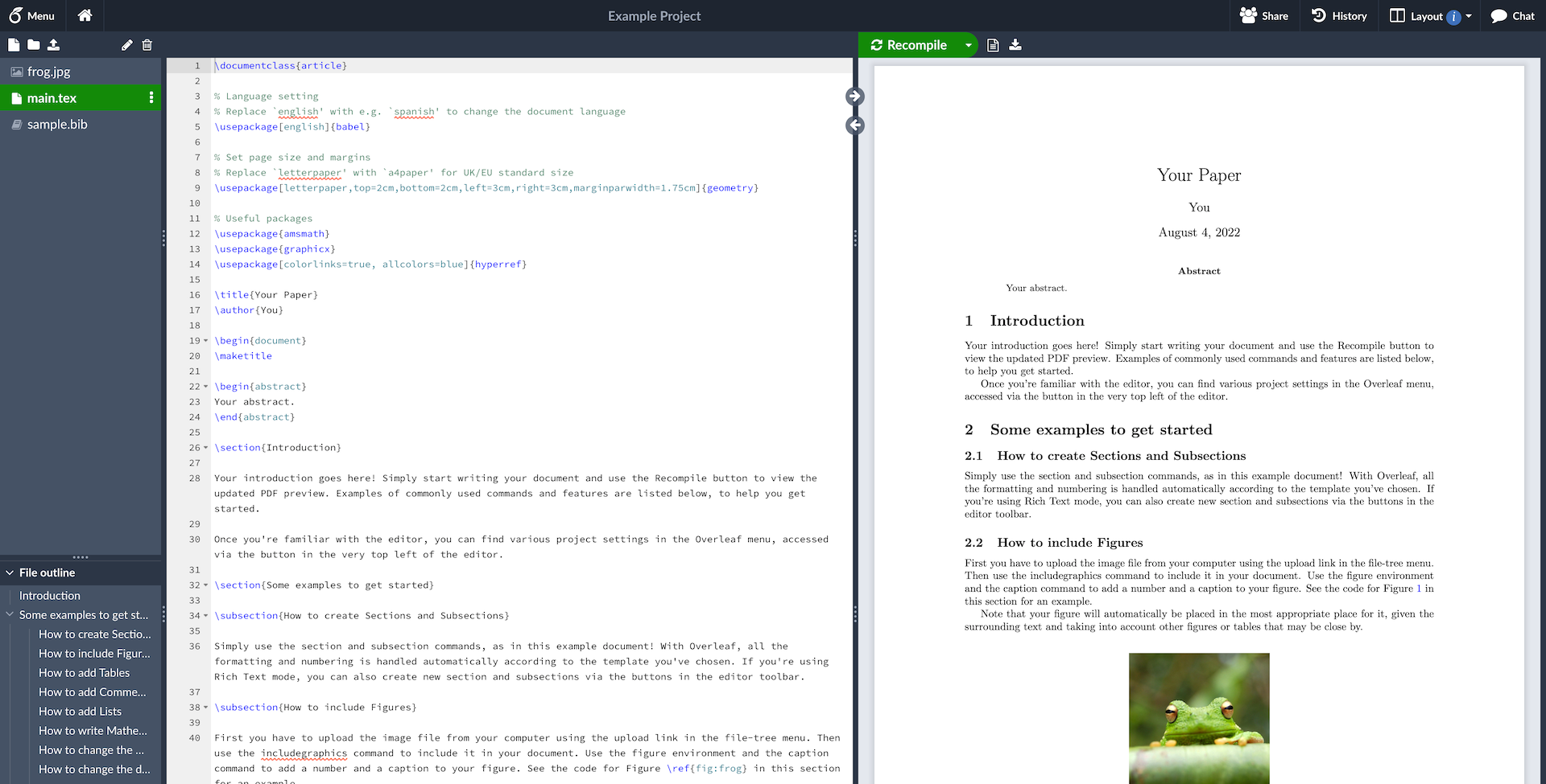 ภาพหน้าจอของโครงการที่ได้รับการแก้ไขในฉบับชุมชน Overleaf