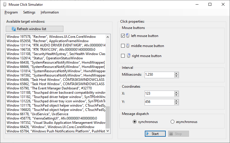 Main window of Mouse Click Simulator, v0.3.0.