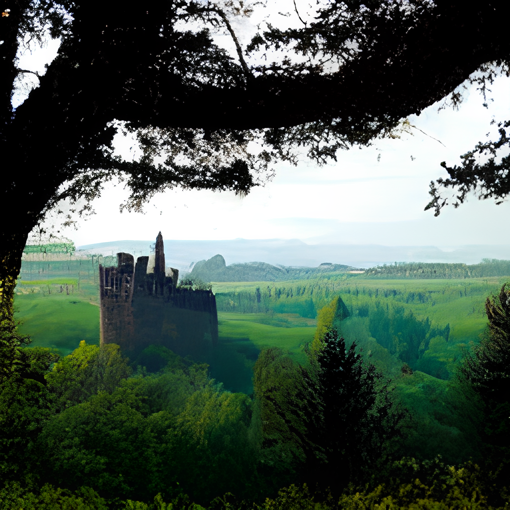 landscape with great castle in middle of forest