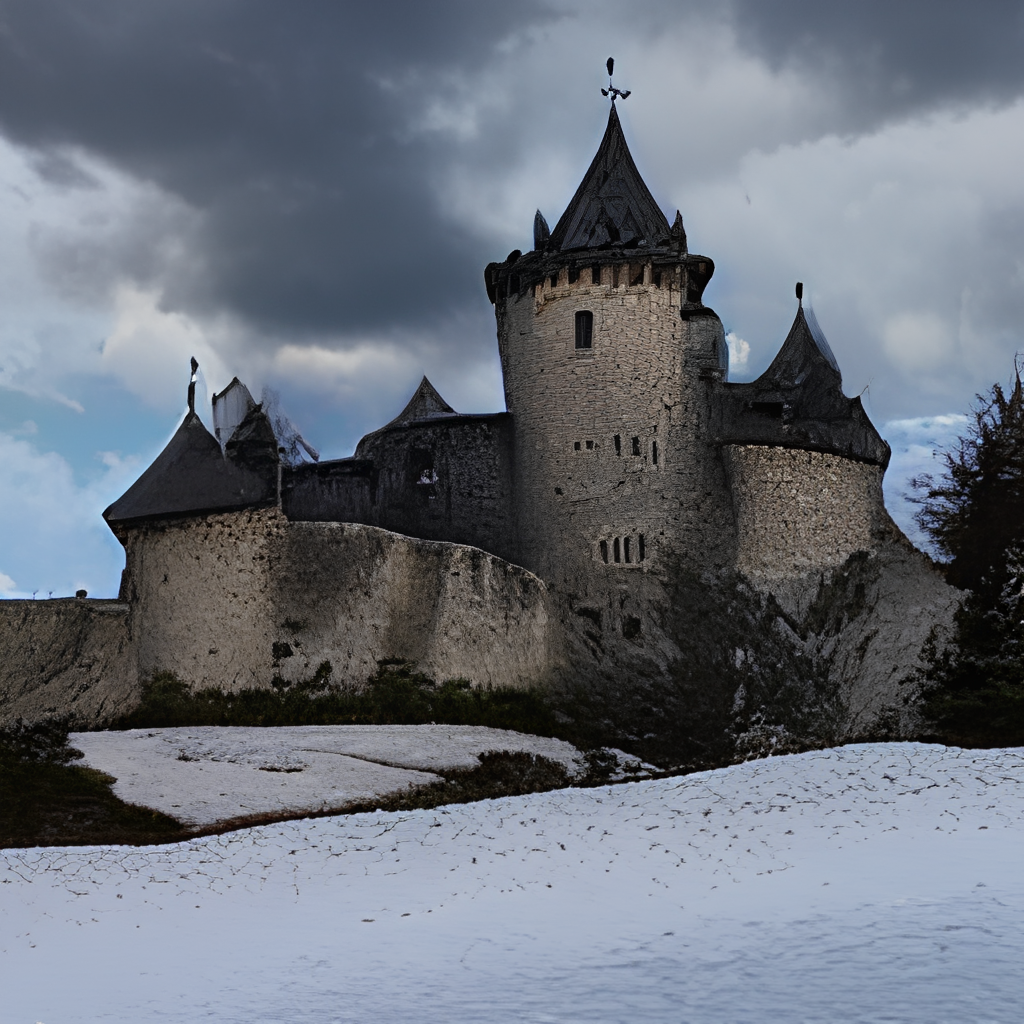 A mystical castle appears between the clouds in the style of Vincent di Fate