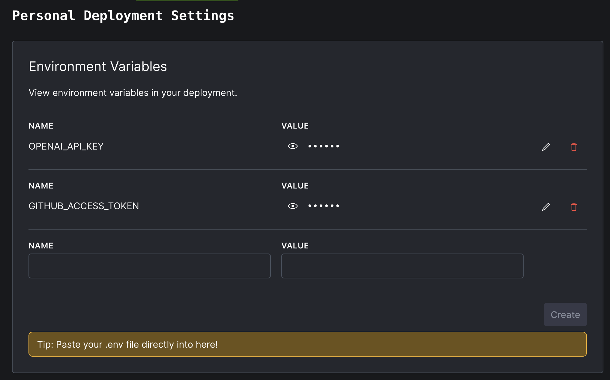 Dashboard -Umgebungsvariablen