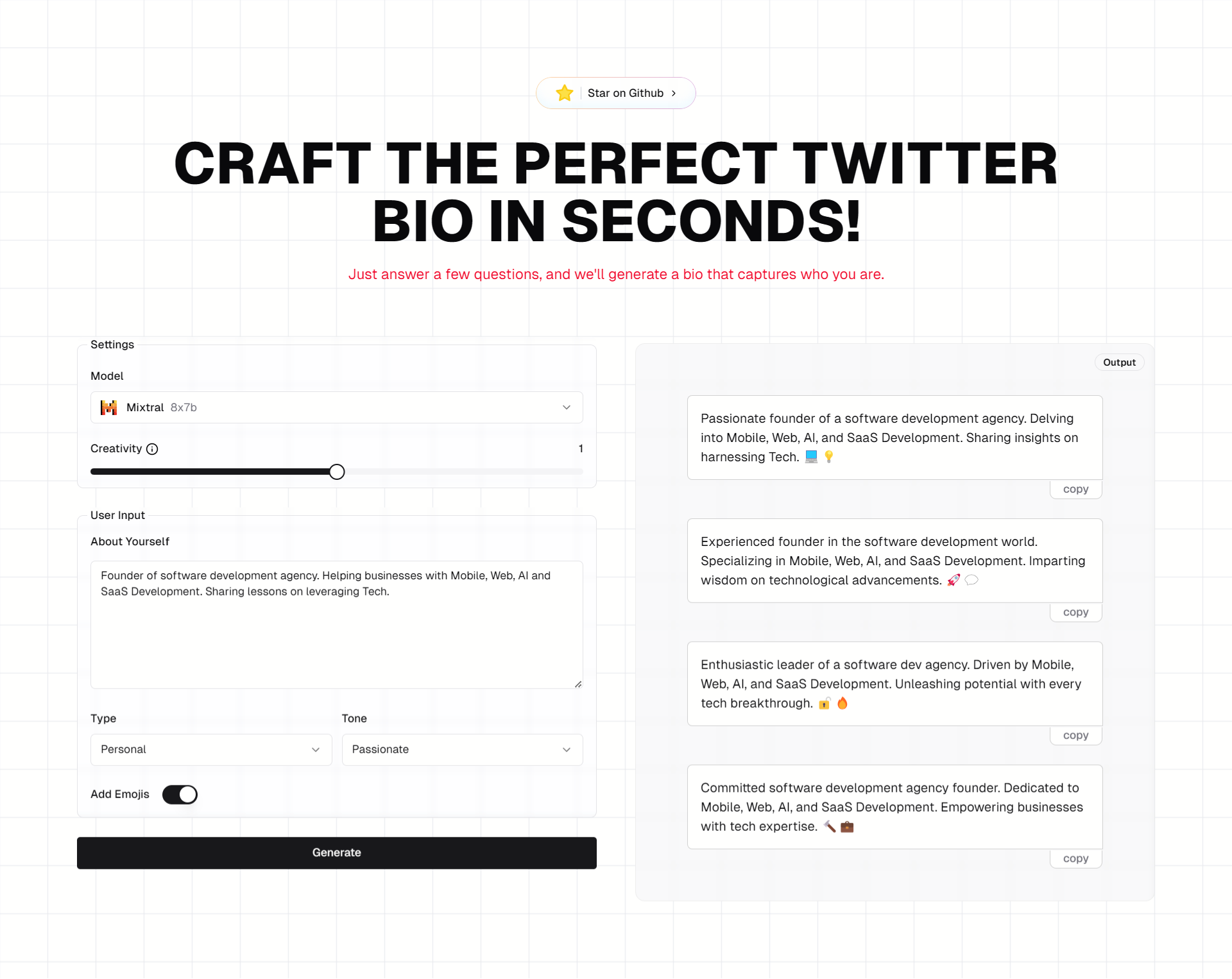 Next.js AI Powered Twitter Bio Generator Website Demo