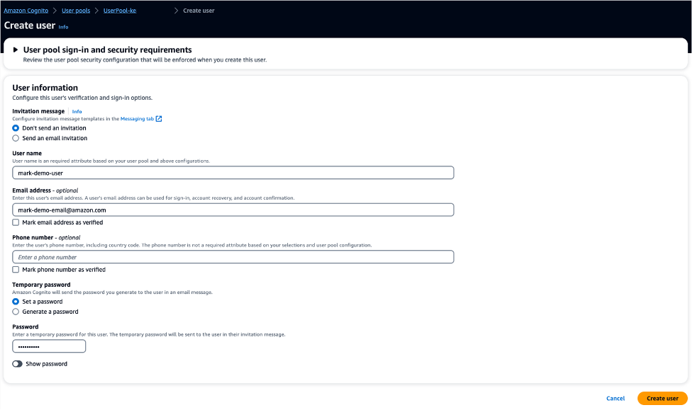 Amazon Cognito - User creation
