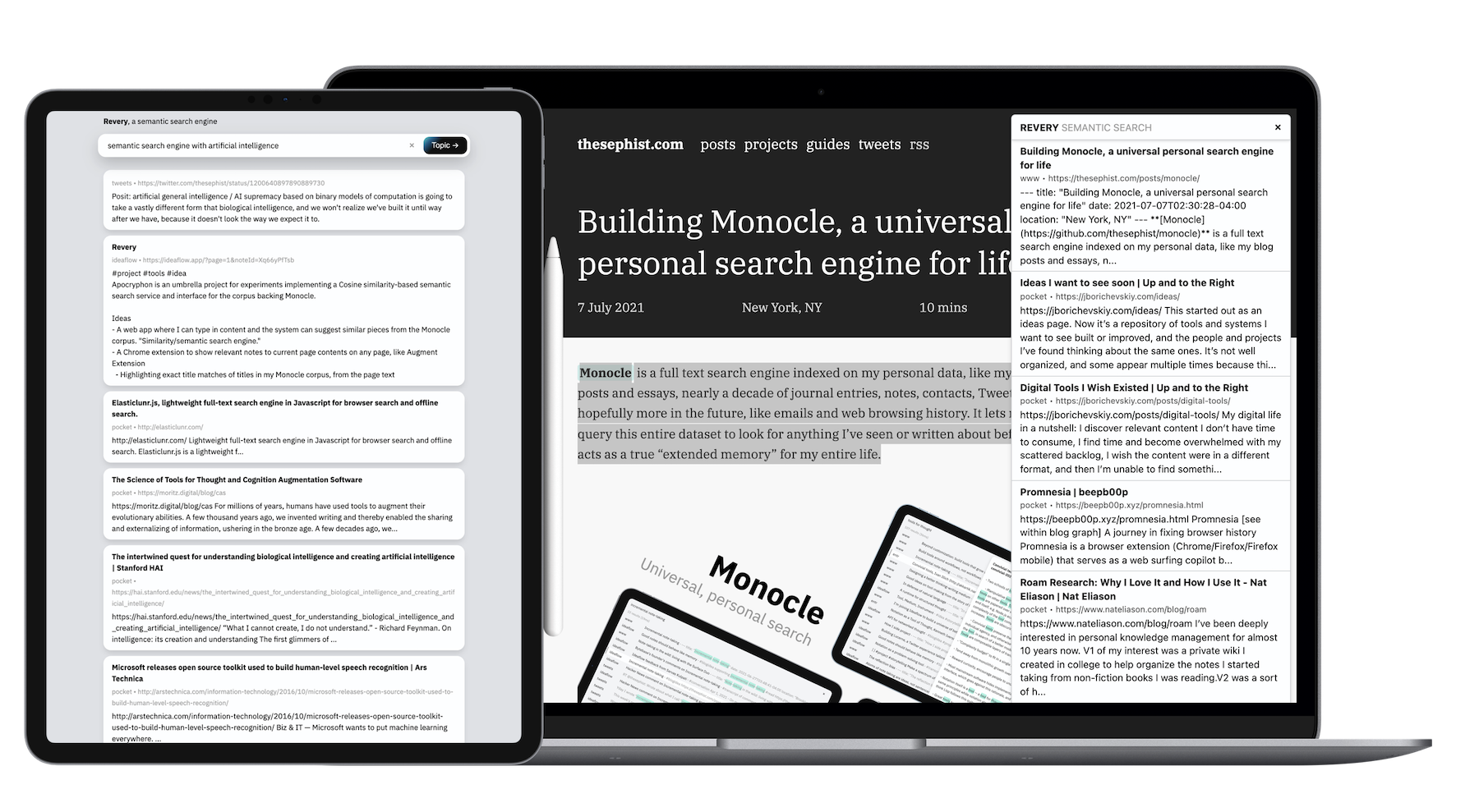 Die Browser -Erweiterung und Weboberfläche von Revery, die auf einem iPad und einem Laptop ausgeführt wird