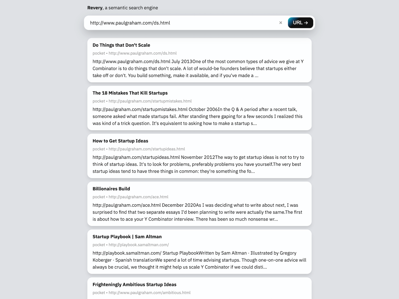Die Weboberfläche von Revery zeigt eine Liste von Ergebnissen an