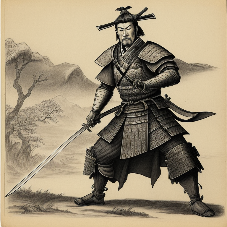 Ein Samurai zeichnet sein Schwert, um sein Land zu verteidigen